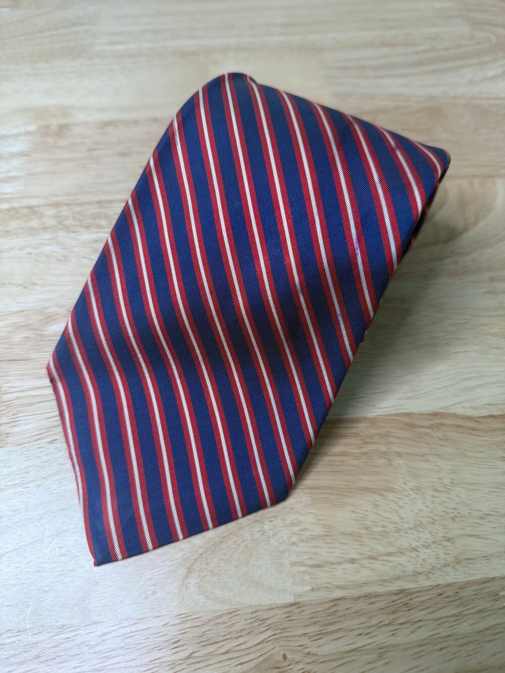 Hickey Freeman Men's Silk Neck Tie Navy Blue Red Silver Stripes